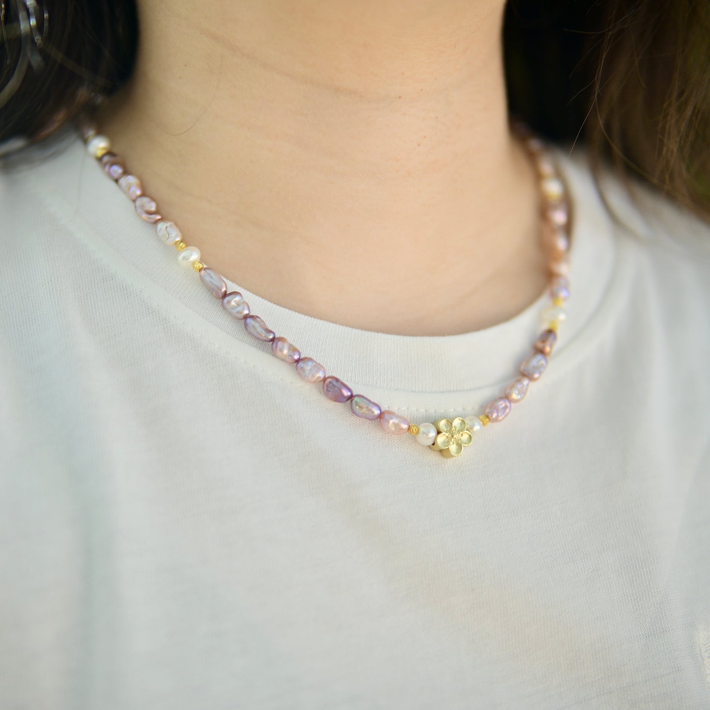 Mosaic Pearl Necklace with Cherry Blossom Pendant