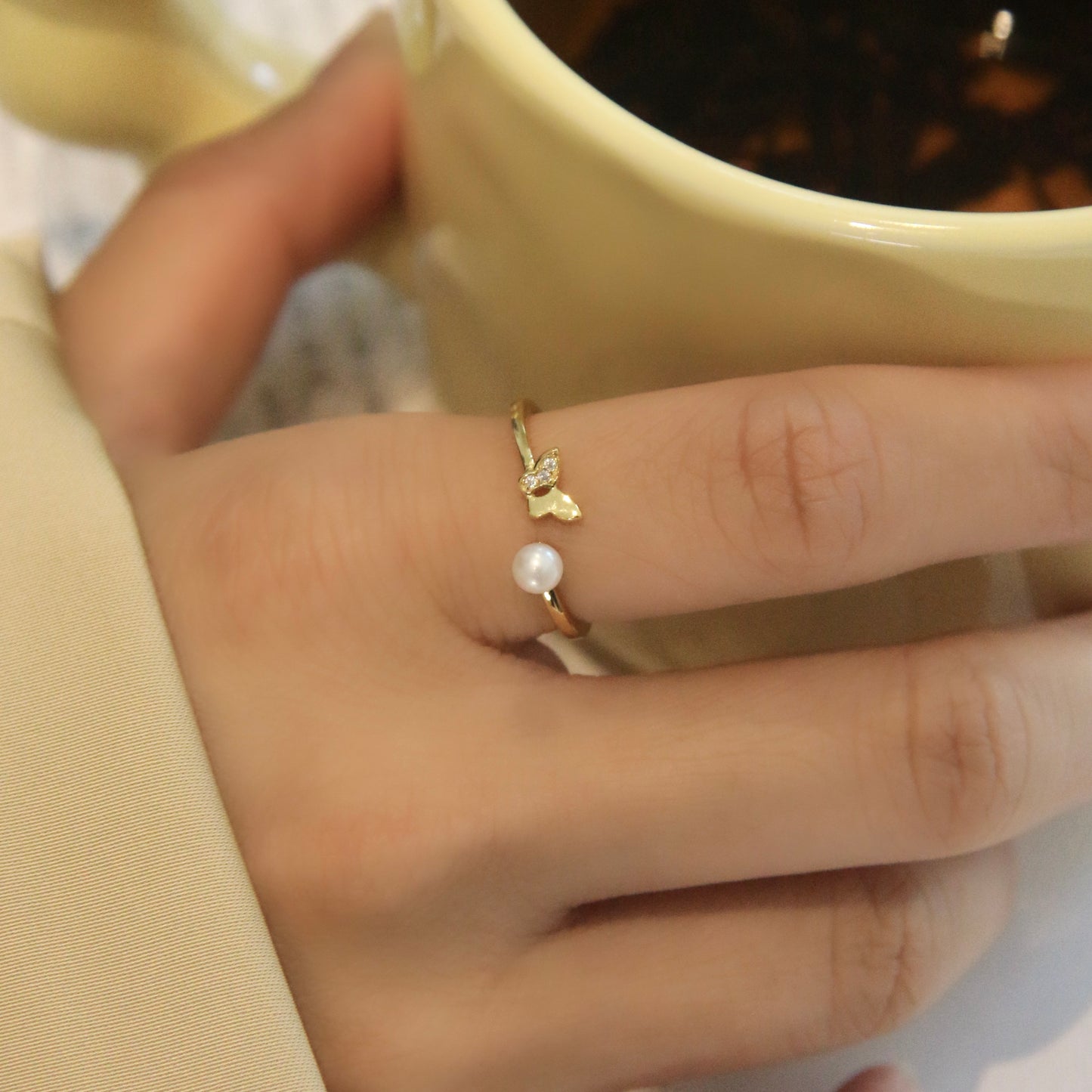 Dainty Butterfly Pearl Ring