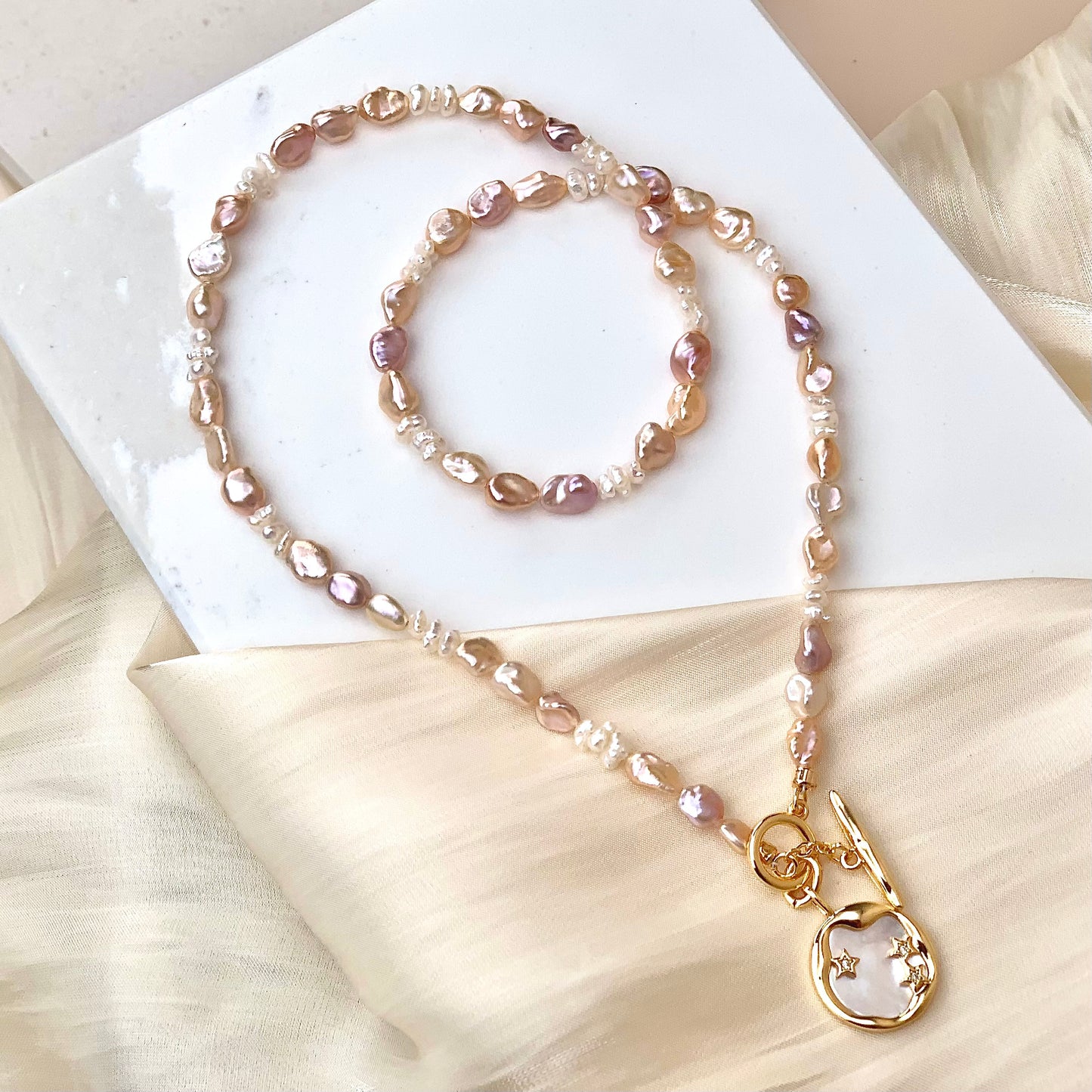 Mosaic Pearl Necklace with Mother of Pearl Pendant