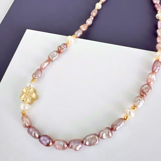 Mosaic Pearl Necklace with Cherry Blossom Pendant